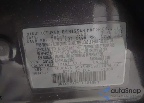 2015 Nissan Versa 1.6 S+ from USA, damaged, VIN 3N1CN7AP9FL828369